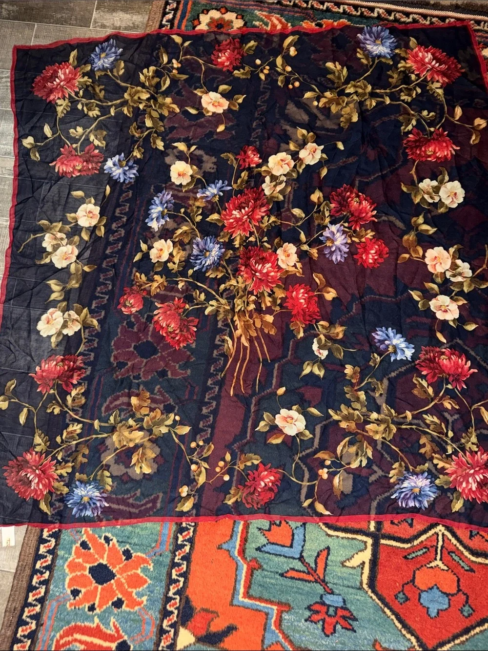 Vintage Talbots 100% Silk Square Scarf Black Floral Bouquet 34
